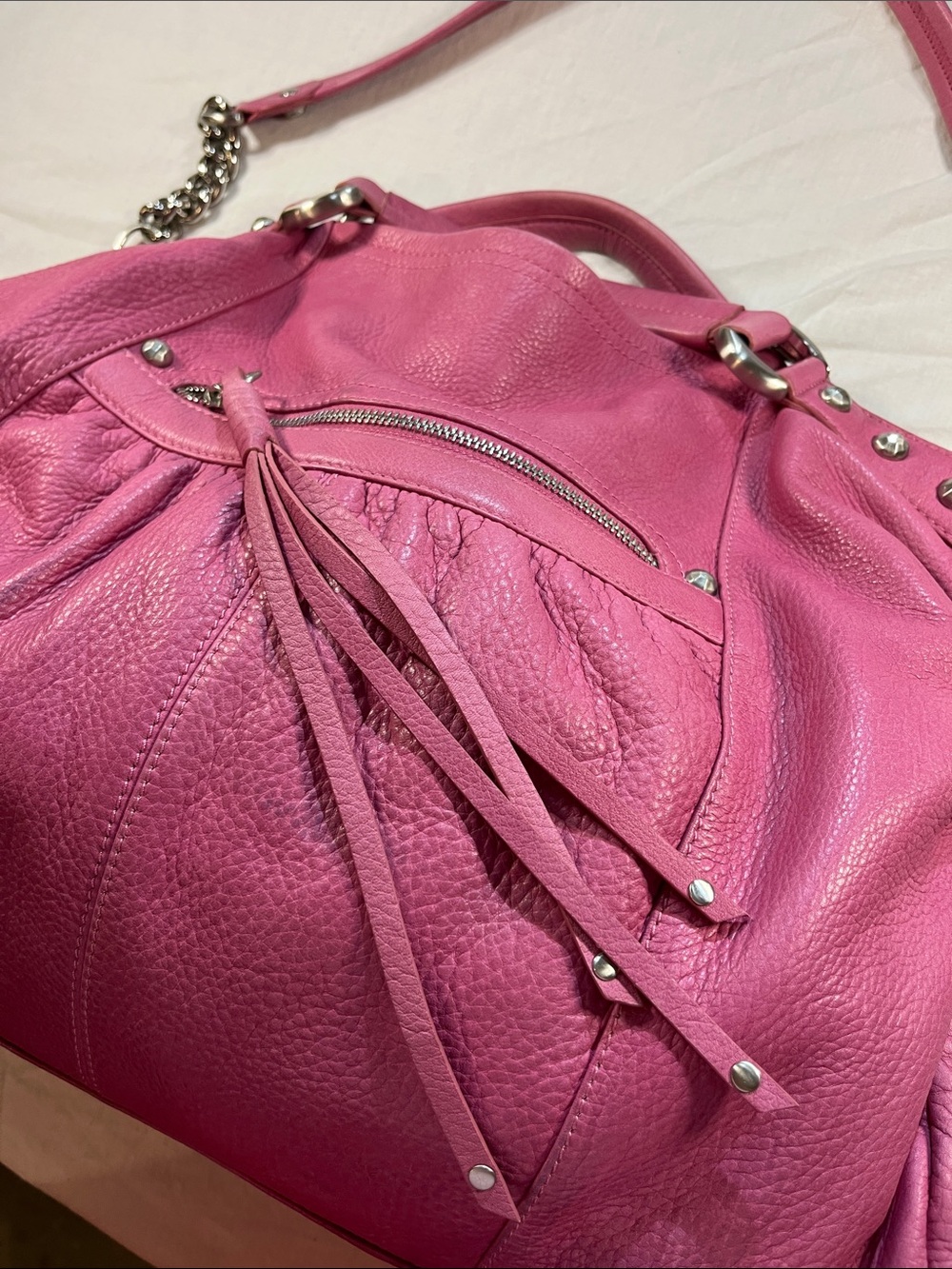 Vibrant CETTU Hot Pink Pebbled Leather Crest Hobo Bag Boho Barbiecore - Picture 8 of 11